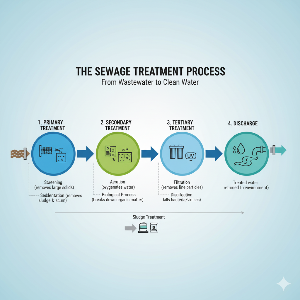 Illustrated sewage treatment process showing primary, secondary and tertiary treatment